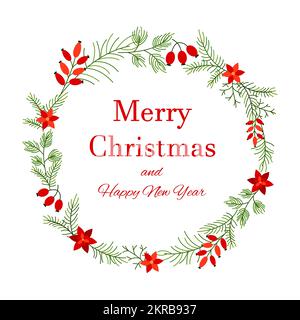 Weihnachtspflanzenkranz Beerenfichte linear flach. Neujahrskarte Weihnachtskreise Aufkleber Buchstaben minimalistischer Rahmen. Traditionelle Einrichtung in weißen, rot-grünen Tönen und Tannenzweigen Stock Vektor