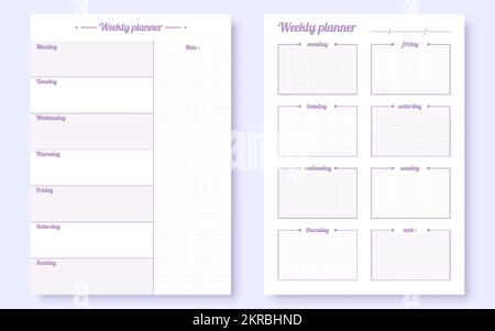 Wochenplaner niedliche lilafarbene Organizer Vorlage flach. To-do-Aufgabenliste als abgeschlossen markieren Häkchen A5 universell druckbare Minimalorganisator Hintergrund Zielverfolgung Zeitplan Büroschule Seite Stock Vektor