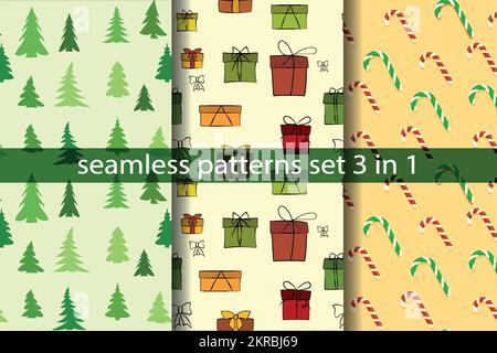 Set aus nahtlosen Weihnachtsmustern. Zum Bedrucken von Textilien, Tapeten, Deckblättern, Rollen, Geschenkpapier, Banner, Poster. Festliche Weihnachtsdekorationen Stock Vektor