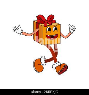 Geschenkbox Cartoon witzige Retro-Comic Weihnachtsfigur, Handschuhe Stock Vektor