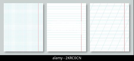 Realistisch liniertes Notizbuchpapier Blanko Weiß flach Set. Liniert geometrisch perfektes Standardmuster horizontaler Strichkäfig schräge Linie quadratische Notiz Blatt Schule Büro Layout Notizblock Schreibblock Stock Vektor