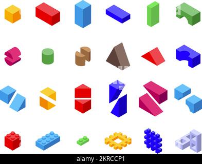 Symbole für untergeordnete Bausteine legen den isometrischen Vektor fest. Holzspielzeug. Kinderblock Stock Vektor