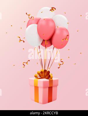 Modell mit Geschenkbox und Ballons auf pinkfarbenem Hintergrund. Weihnachtskonzept. Vektordarstellung Stock Vektor