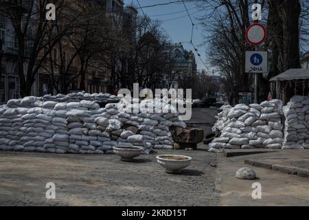 Am 5. April 2022 in der südlichen Ukraine ist eine verbarrikadierte Odesa abgebildet. Stockfoto