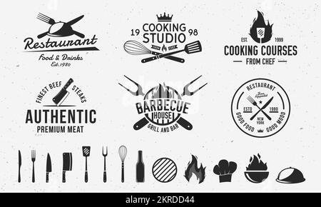 Klassische Hipster-Logovorlagen und 13 Designelemente für das Restaurantgeschäft. Metzgerei, Barbecue, Kochkurs und Restaurantzeichen Stock Vektor