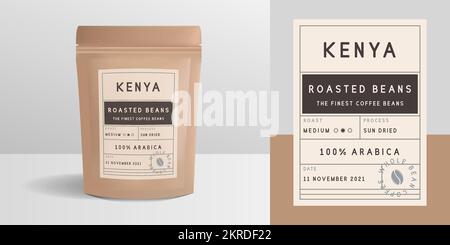 Papierpackung mit Reißverschluss, Beutelmodell. Trendiges Etikett im Vintage-Stil, Aufklebervorlage. Design der Kaffeepackung mit Reißverschluss. Vorlage für Paketmodell Stock Vektor