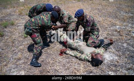 Tansania Marine Special Forces reagieren schnell auf eine Explosion, indem sie eine Sicherheitszone einrichten und einen Stauschlauch auf die USA anwenden Army Sgt. Ibrahim Mkusa während eines gemeinsamen Austauschtrainings in dar es Salaam, Tansania, 14. November 2022. JCETS verbessert die Beziehungen der USA zu Partnerländern durch den Aufbau und die Aufrechterhaltung kritischer Verbindungen zwischen Militär und Militär sowie durch die Verbesserung der gemeinsamen Bereitschaft und Interoperabilität der Verbündeten. Stockfoto