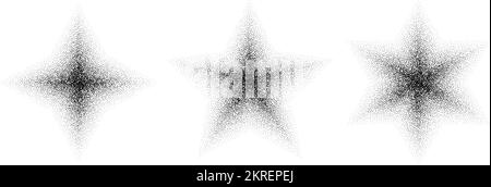 Gepunktete Körner-Stern-Set. Stern-Sammlung mit schwarzer Rauschstruktur. Schwarze Leuchtkugeln. Der Halbton glitzert. Vektor Stock Vektor