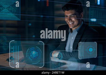 Digital verbesserte Aufnahme eines gutaussehenden Geschäftsmanns, der im Büro arbeitet, überlagert über mehrere Zeilen Computercode Stockfoto