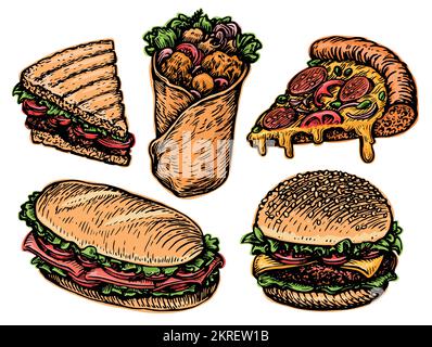 Fastfood-Set. Burger, Burrito, Cheeseburger, Sandwich, ein Stück Pizza. Restaurant- oder Speisekarte. Vektordarstellung Stock Vektor