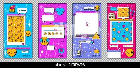 Y2K Fenster für Mobiltelefone, Geschichten. Integrierte Social-Media-Retro-Bildschirme im retrowave Vaporwave 90s-Stil. App-Seiten mit Lächeln, Nachrichtenfeldern und Popup-Elementen der Benutzeroberfläche, Vektor-PNG-Satz Stock Vektor