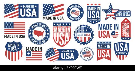 Großer Satz Etiketten, Schilder aus „Made in USA“. Patriotische Zeichen der USA. Amerikanische Bannervorlagen. Vektordarstellung. Stock Vektor