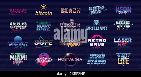 Vector-Set futuristischer Logos im Retro 80s-Stil. Vaporwave, Synthwave Logo-Set für Nachtklub, Casino, Musikalbum, Partyeinladungen. Stock Vektor