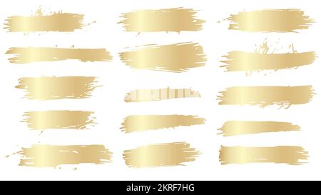 Satz goldener Pinselstriche im Grunge-Stil. Unregelmäßige Formen und raue Kanten. Vektor-Clipart für T-Shirt oder Website. Stock Vektor