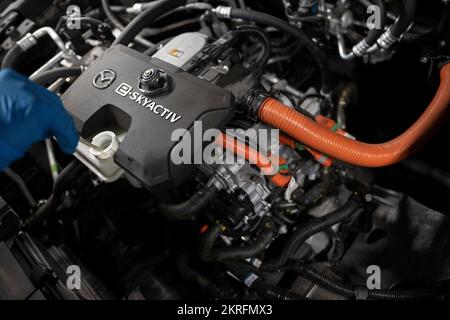 Renningen, Deutschland. 28.. November 2022. Ein Werkstattmitarbeiter wartet ein Elektroauto des Mazda MX-30. Kredit: Marijan Murat/dpa/Alamy Live News Stockfoto