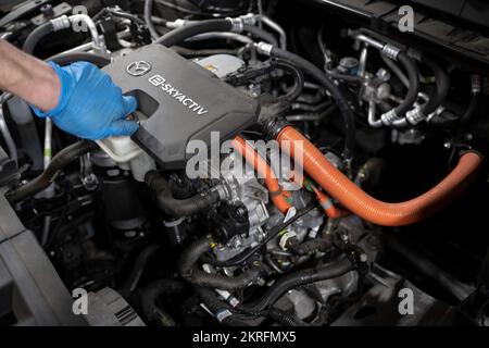 Renningen, Deutschland. 28.. November 2022. Ein Werkstattmitarbeiter wartet ein Elektroauto des Mazda MX-30. Kredit: Marijan Murat/dpa/Alamy Live News Stockfoto