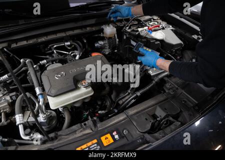 Renningen, Deutschland. 28.. November 2022. Ein Werkstattmitarbeiter prüft den Wassergehalt der Bremsflüssigkeit während der Wartung eines Elektroautos des Mazda MX-30. Kredit: Marijan Murat/dpa/Alamy Live News Stockfoto