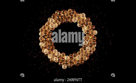 Frohes neues Jahr mit Glaskugeln mit Glitzer und Weihnachtsdekoration. Realistische 3D-Darstellung von Glaskugeln auf schwarzem Hintergrund Stockfoto