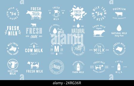 Etiketten, Embleme und Logos für Milch und Milcherzeugnisse. Set mit Milchlogo mit Kuhsilhouette, Flasche, Milchtropfen und Spritzer. Stock Vektor