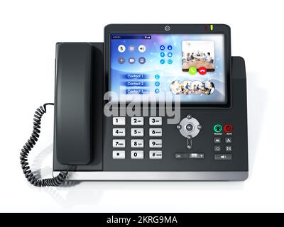 Modernes VoIP- oder Voice-over-IP-Telefon mit isoliertem LED-Bildschirm auf weißem Hintergrund. 3D Abbildung. Stockfoto