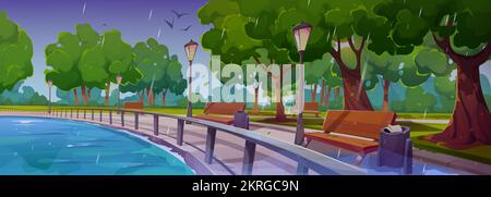 Kai im Stadtpark mit Regenlandschaft mit Flussbucht, Holzbänken, grünen Bäumen, Mülltonnen und Straßenlaternen bei nassem Regenwetter. Hintergrund des Fußwegs am Ufer, Cartoon-Vektordarstellung Stock Vektor