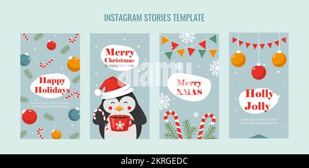 Set mit weihnachtsvorlagen für instagram Stories Pinguin mit einer Tasse heißer Kakao als weihnachtsdekoration Stock Vektor