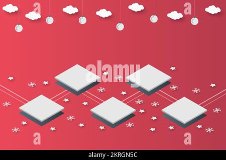 weihnachts-Isometrie auf roter Papierkunst abstrakter Hintergrund mit Himmel- und Liniendesign für frohe weihnachten, Posterkarte, Banner, Geschenkkarte, weihnachten Stock Vektor