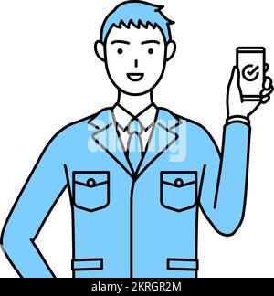 Einfaches Strichzeichnen eines Mannes in Arbeitskleidung mit einem Smartphone am Arbeitsplatz. Stock Vektor