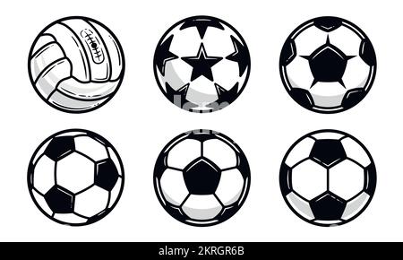Vektor-Fußballsymbole isoliert auf weißem Hintergrund. Klassisches Fußball-Set. Designelemente für Logo, Poster, Emblem. Stock Vektor