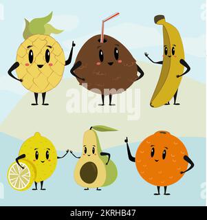 Bananenfiguren Avakado Zitrone und Kokosnuss Illustration Stock Vektor
