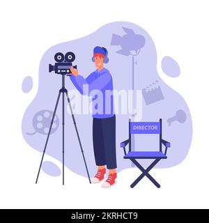 Videofilmer oder Regisseur Cartoon-Vektorbilder. Mann, der mit der Kamera Videos macht Stock Vektor