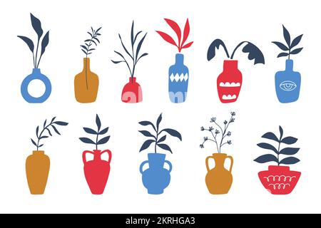 Keramiktöpfe und griechische Tonvasen mit verschiedenen dekorativen Pflanzenzweigen Stock Vektor