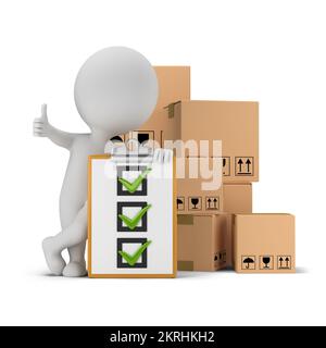 3D kleine Person mit Daumen nach oben neben der Checkliste und Kartons. 3D-Bild. Weißer Hintergrund. Stockfoto