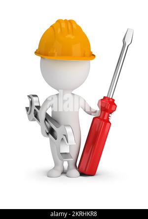 3D kleine Personen - Mechaniker mit Schraubenschlüssel und Schraubendreher. 3D-generiertes Bild. Weißer Hintergrund. Stockfoto