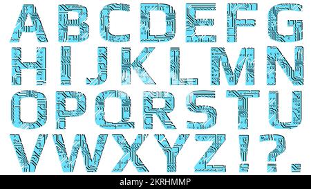 Satz lateinisches Alphabet in digitalem Stil, perforiert mit Leiterplattenbahnen auf weißem Hintergrund isoliert. Farbige Großbuchstaben für moderne Ziffern Stock Vektor