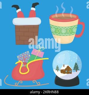 zu den weihnachtselementen gehören weihnachtsmann im Schornstein, eine Tasse Kakao, santas-Schlitten und ein Glasspielzeug Stock Vektor