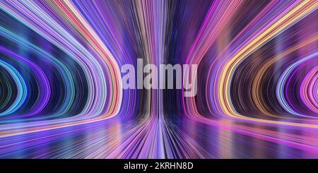 Fantastisches Zimmer mit farbenfrohen Neonlinien. 3D-generiertes Bild. Rendern. Stockfoto