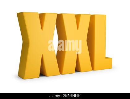 XXL. Eine gelbe Inschrift. 3D-Bild. Weißer Hintergrund. Stockfoto