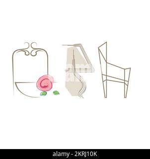 Möbeldesign mit Logo, abstrakter Spiegel für Badezimmer, Lampe, Innendesign, moderner Stuhl Stock Vektor