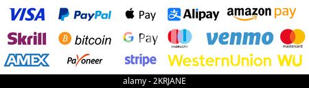 Logo für beliebte Zahlungssysteme. Online-Zahlung. Payoneer, PayPal, Mastercard, Visa, Apple Pay, Google Pay, Maestro, Skrill, Stripe, Amazon Pay und Stock Vektor