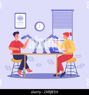 Podcast in Studio Flat Vector Illustration. Der Moderator interviewt Gäste auf einem Radiosender Stock Vektor