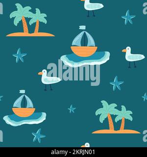 Nahtloses Muster mit Arktis- und Antarktistieren. Farbenfrohe Vektorunterlage für Kinder. Von Hand zeichnen. Babydesign für Stoff, Aufdruck, Verpackung, Textil, Stock Vektor