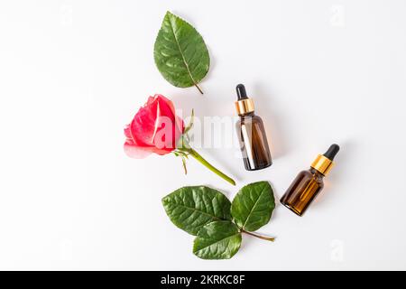 Kosmetikflaschen aus Braunglas mit einem Tropfer auf weißem Hintergrund mit Rosenknospen und Blättern. Natürliche Kosmetik. Hautpflegeprodukte Stockfoto