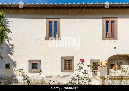 Wunderschöne farbige Rosen im Garten der alten Zelle San Romualdo, der heiligen Einsiedlung von Camaldoli, Italien Stockfoto
