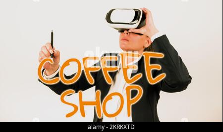 Schriftzug Coffee Shop, Internetkonzept, kleines zwangloses Restaurant, das Kaffee und leichte Erfrischungen serviert Stockfoto