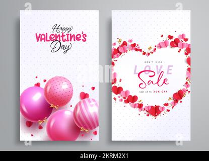 „Happy valentine's Day“-Vektorset-Poster-Design. Text zum Valentinstag-Angebot mit Ballons und Herzen formt Elemente aus Papier für die Grußkarte. Stock Vektor