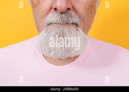 Nahaufnahme eines gealterten, grauhaarigen Männchens mit Bart und legerer Kleidung vor gelbem Hintergrund Stockfoto