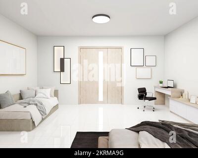 Komfortables Bett neben einem Schreibtisch und Sofa mit hellem Boden; 3D; 3D Illustration Stockfoto