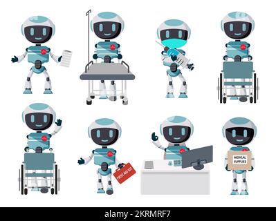 Entwurf des medic-Zeichenvektorsatzes des Roboters. Roboter Arzt und Krankenschwester isoliert in weiß für die Krankenhaussammlung. Vektordarstellung. Stock Vektor