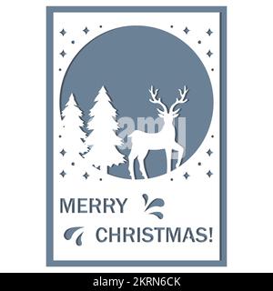 Mehrlagige 3D-Weihnachtskarte mit einem Hirsch im Papierschnitt, Vektorgrafik, lasergeschnittenes Papier. Stock Vektor